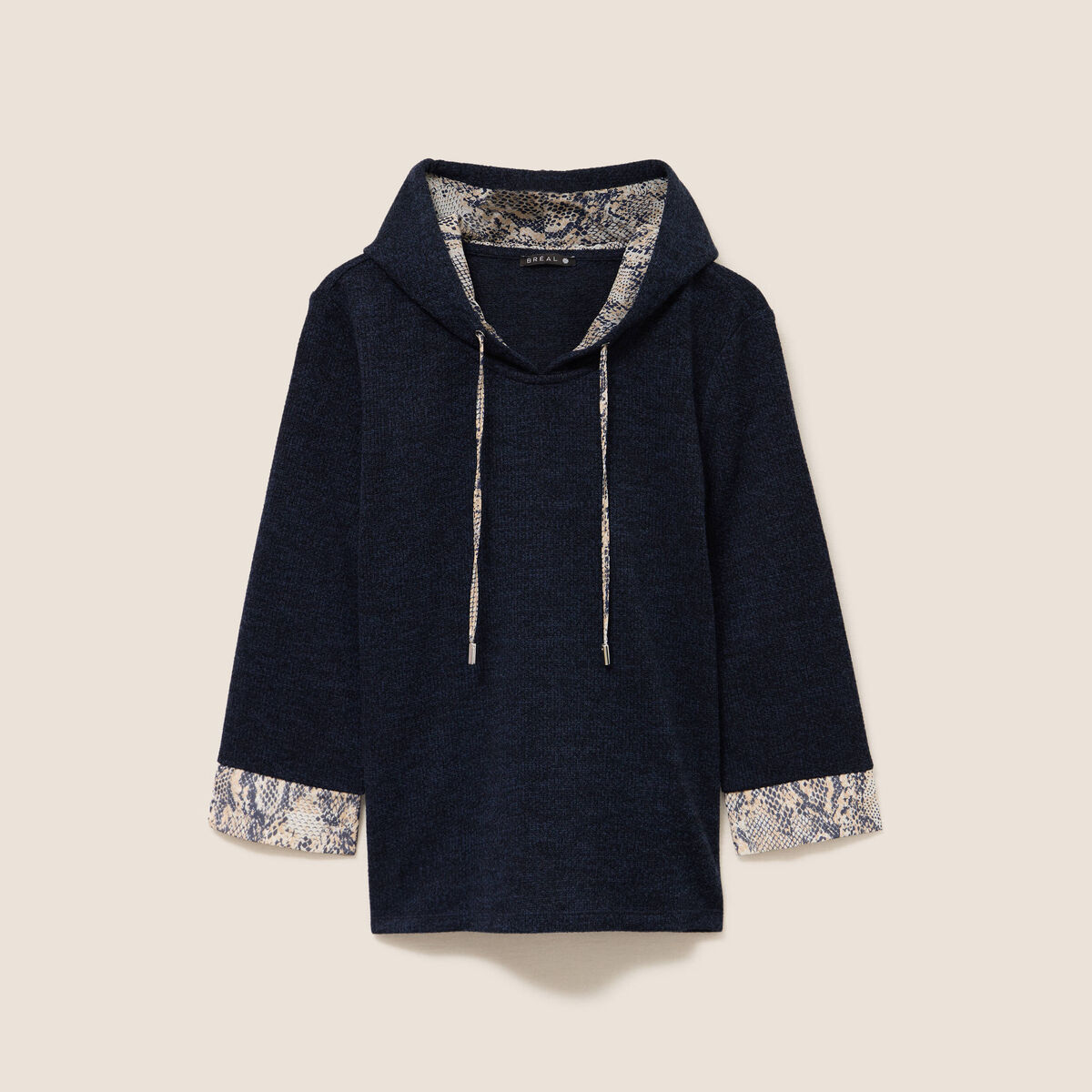 Sweat &agrave; capuche manches 3/4 bleu marine femme