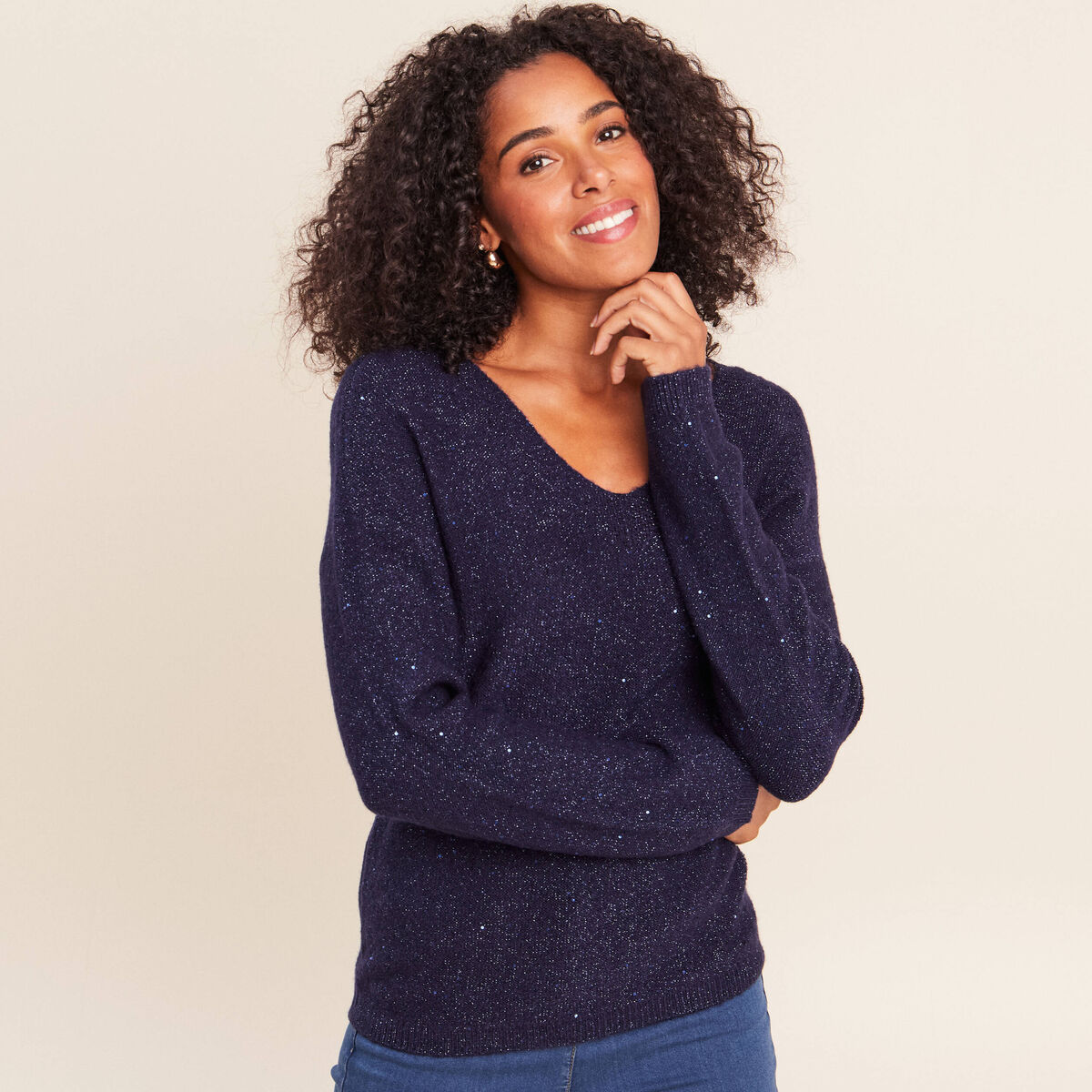 Pull col v manches longues &agrave; sequins bleu marine femme