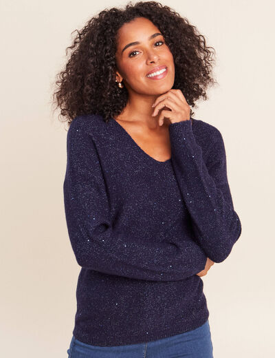 Pull col v manches longues &agrave; sequins bleu marine femme