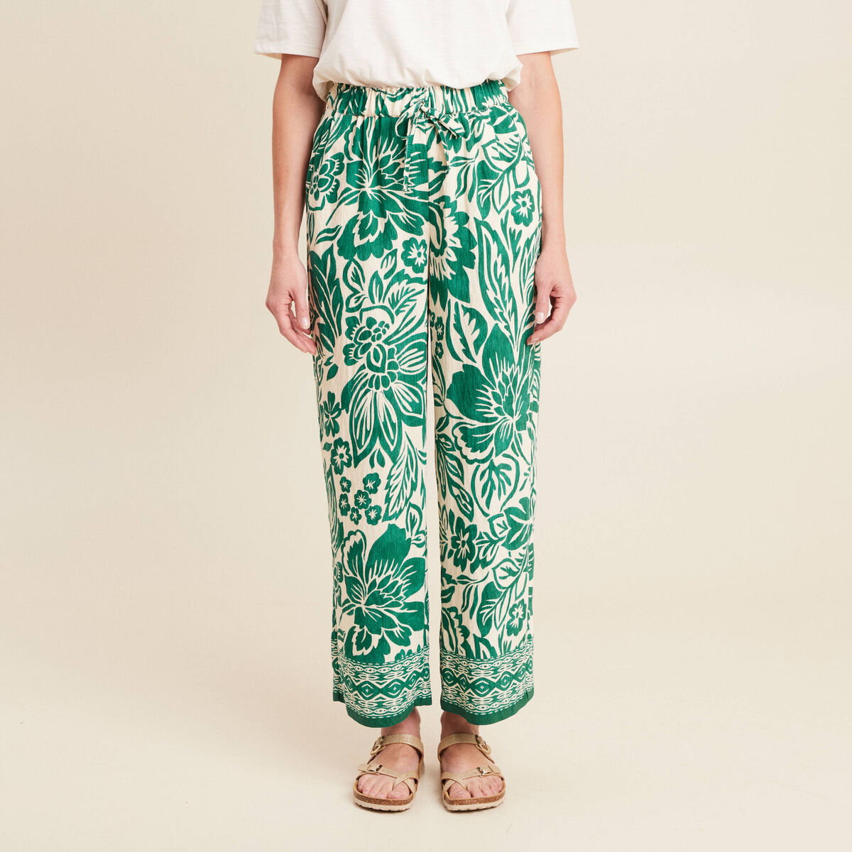 Pantalon large taille haute ecru femme