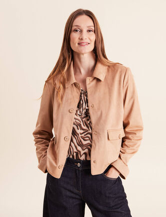 Veste courte droite aspect daim marron clair femme