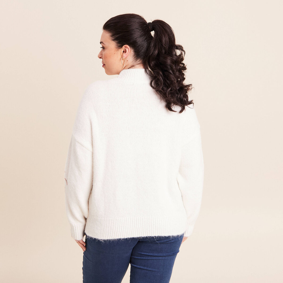 Pull col rond manches longues sequins ecru femme