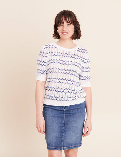 Pull col rond manches courtes bleu femme
