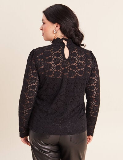 T-shirt cintr&eacute; col montant dentelle noir femme
