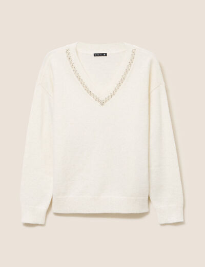 Pull col v manches longues brillant ecru femme