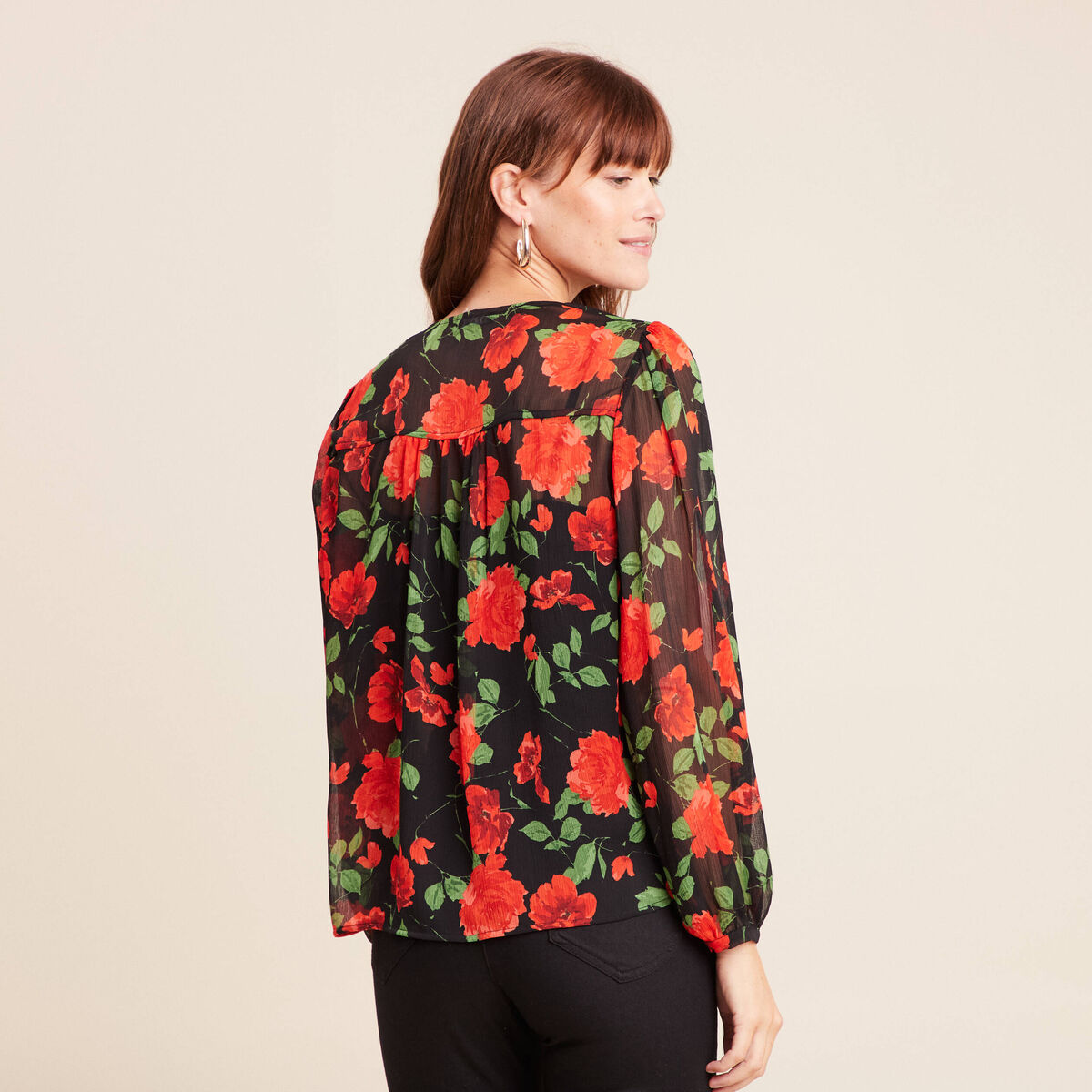 Blouse ample en voile col rond rouge femme