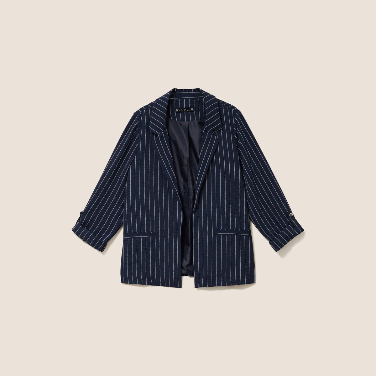 Veste droite longue manches 3/4 doubl&eacute;e bleu fonc&eacute; femme