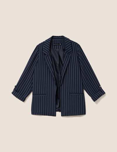 Veste droite longue manches 3/4 doubl&eacute;e bleu fonc&eacute; femme