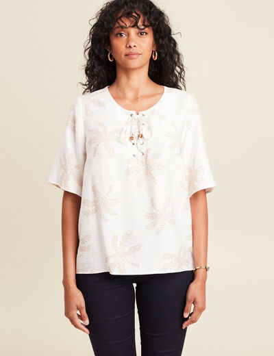Blouse crêpe manches courtes beige femme