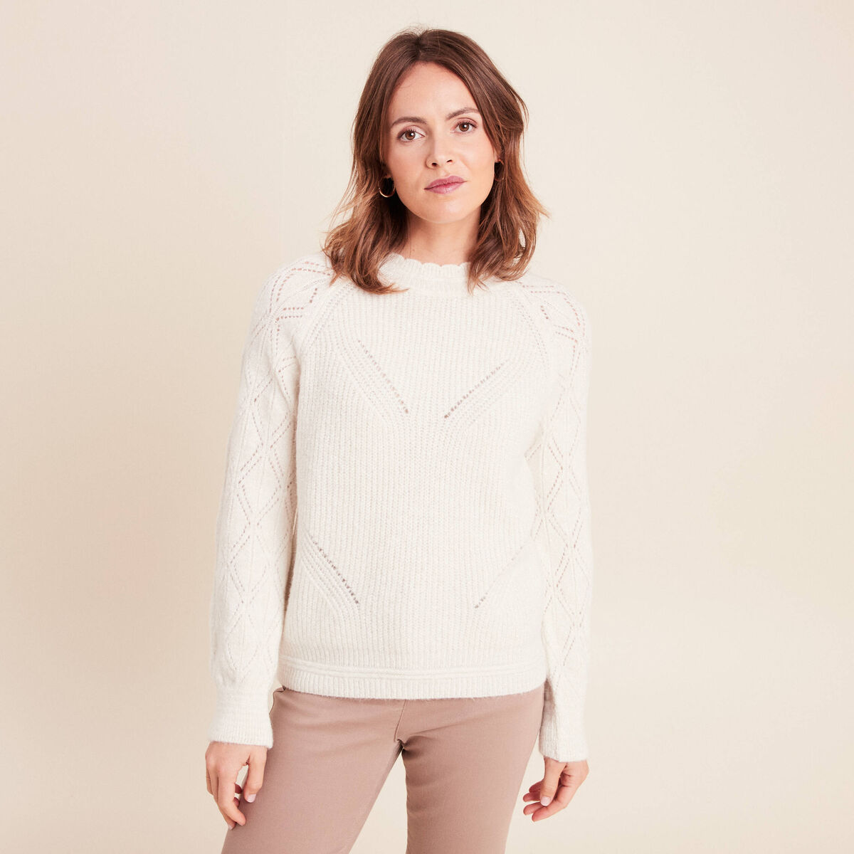 Pull col montant manches longues ecru femme