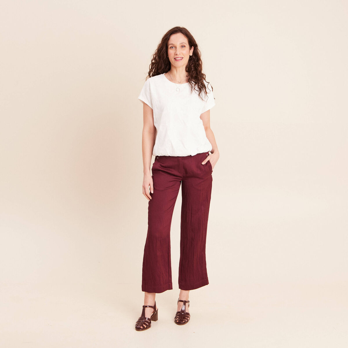 T-shirt col rond manches courtes doubl&eacute;e ecru femme