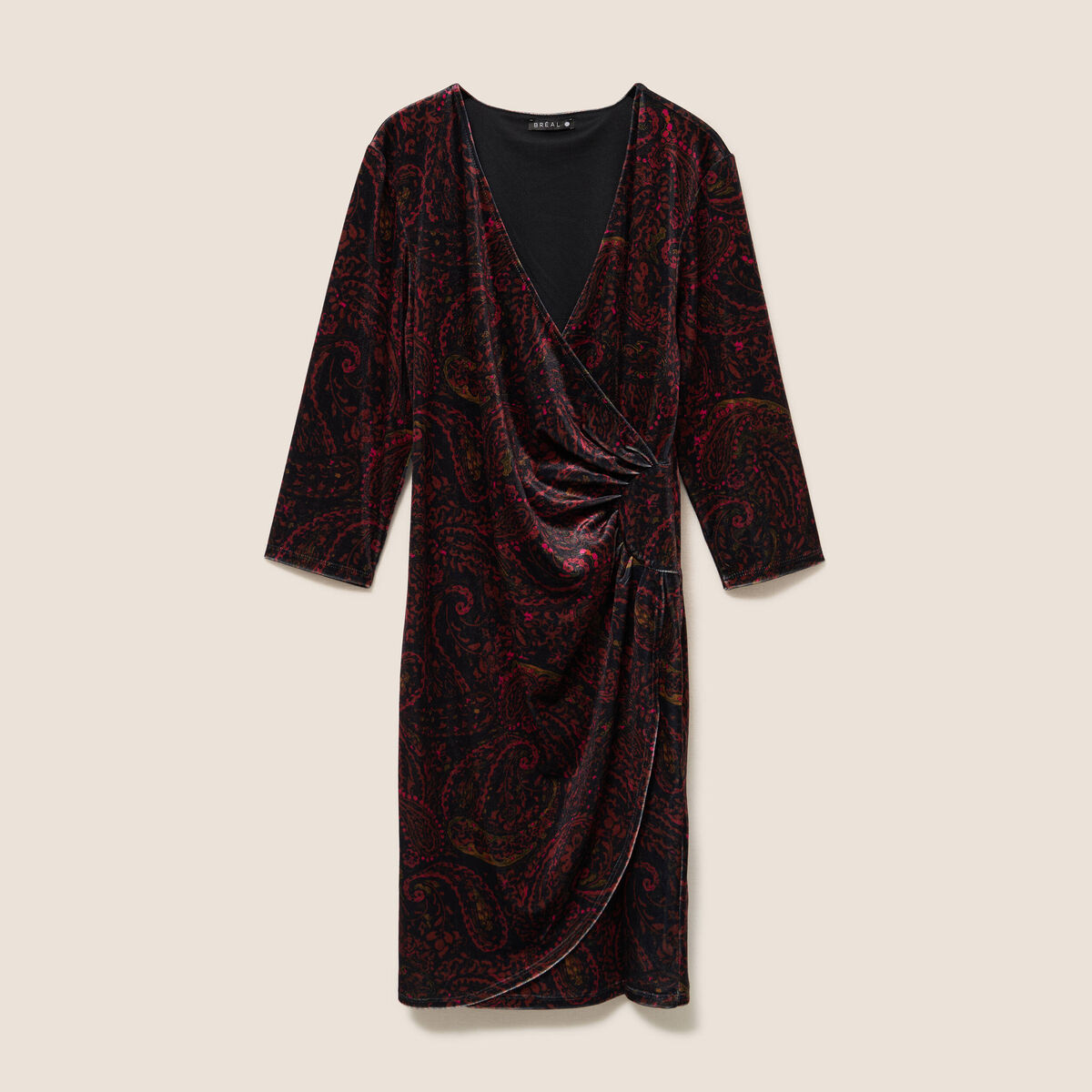 Robe ajust&eacute;e courte velours col v marron femme