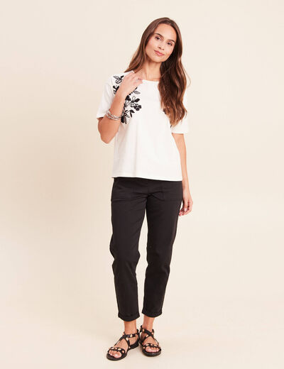 T-shirt ample col rond brod&eacute; ecru femme