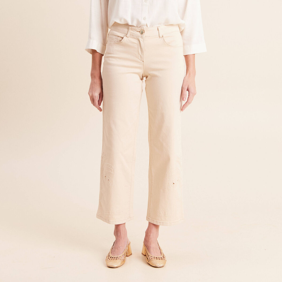 Pantalon 7/8&egrave;me coupe large ivoire femme