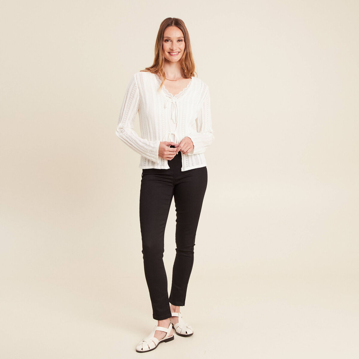 Gilet mi-long manches longues ecru femme