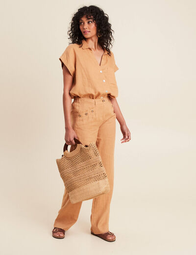 Pantalon fluide taille haute beige femme