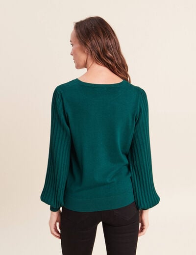 Pull cintr&eacute; col rond manches longues vert fonc&eacute; femme