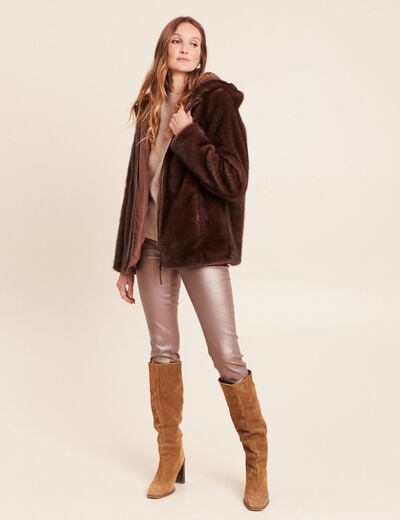 Manteau en fausse fourrure &agrave; capuche marron fonc&eacute; femme