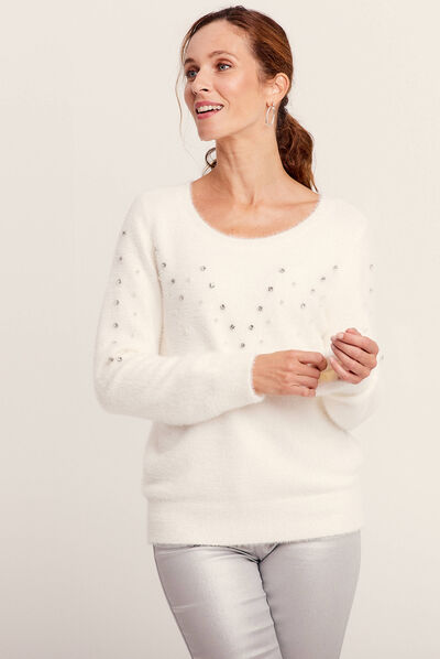 Pull manches longues strass ecru femme