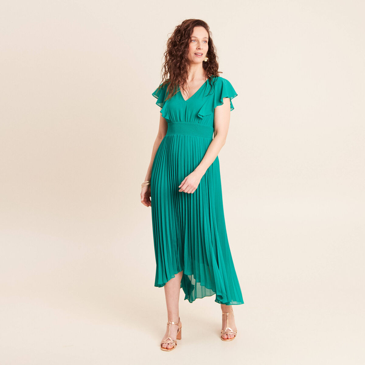 Robe longue &eacute;vas&eacute;e &agrave; volants vert menthe femme