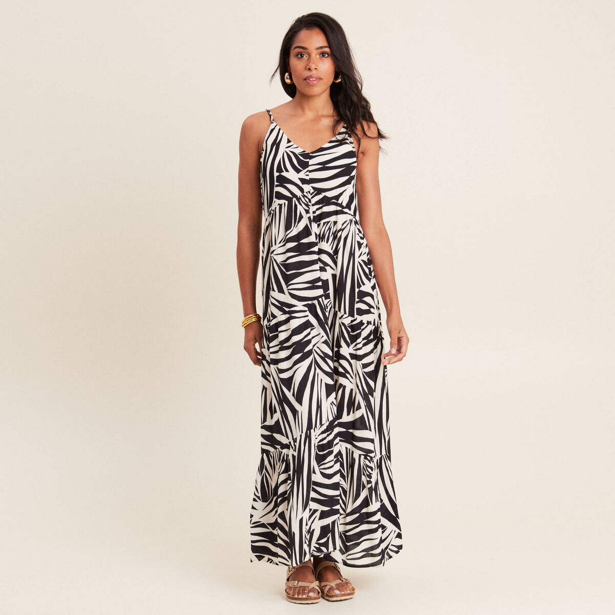Robe longue évasée bretelles noir femme