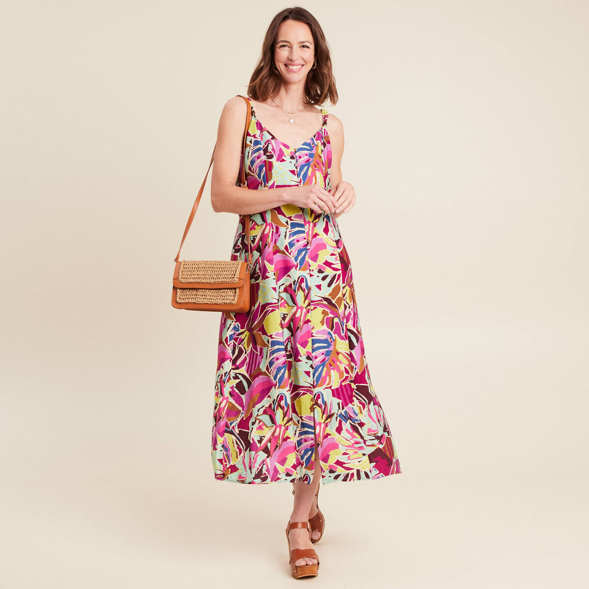 robe évasée crêpe col v sans manches mauve femme