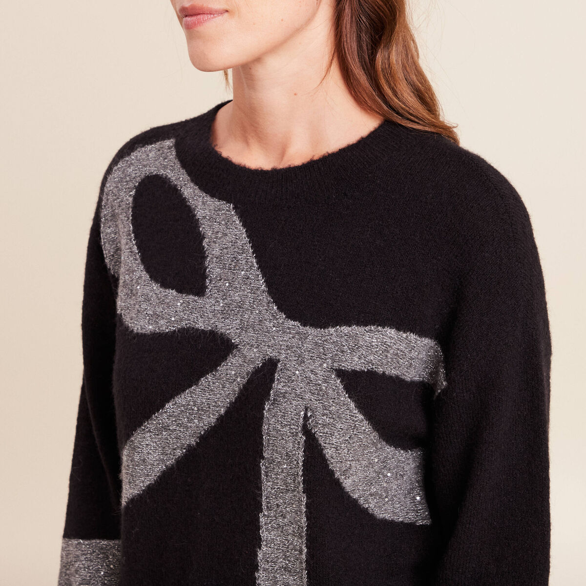 Pull col bateau manches longues noir femme