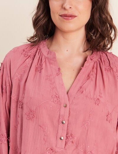 Blouse ample manches longues brod&eacute;e mauve femme