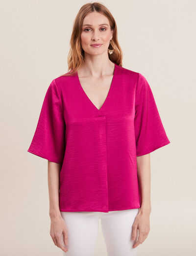 Blouse manches 3/4 satin rose fushia femme