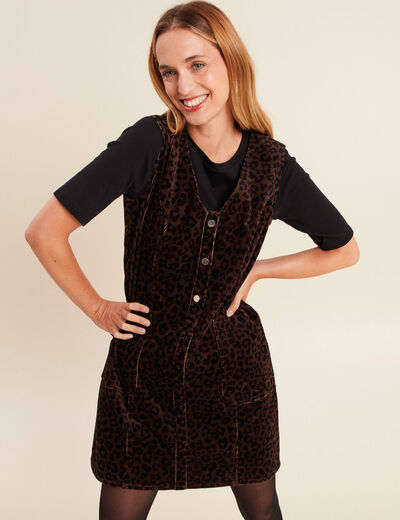 Robe droite courte sans manches velours marron cognac femme