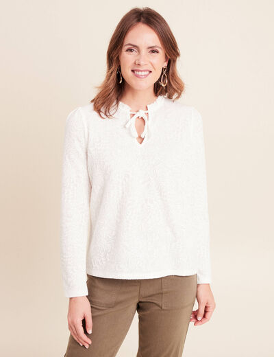 Blouse col rond nou&eacute; manches longues ecru femme
