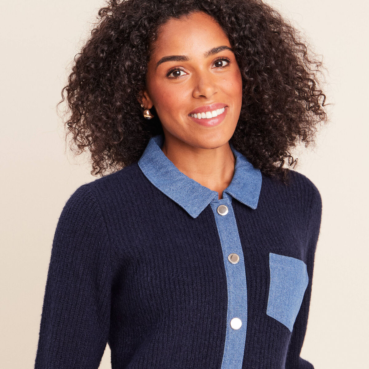 Gilet col chemise manches longues bleu fonc&eacute; femme