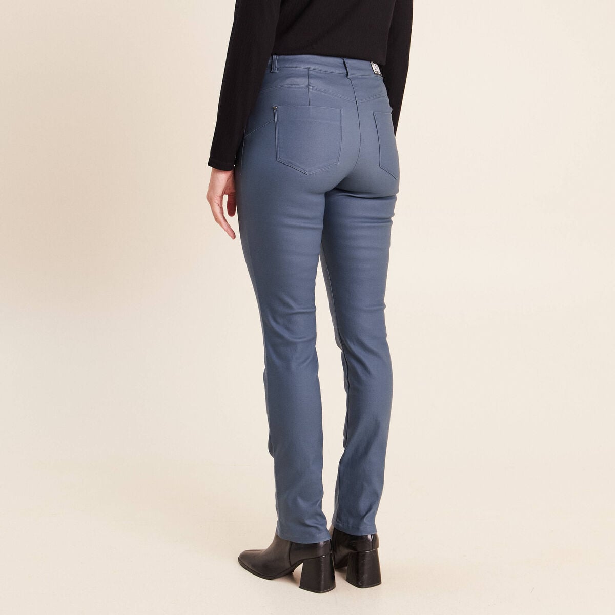 Pantalon enduit ajust&eacute; taille bascul&eacute;e bleu fonc&eacute; femme