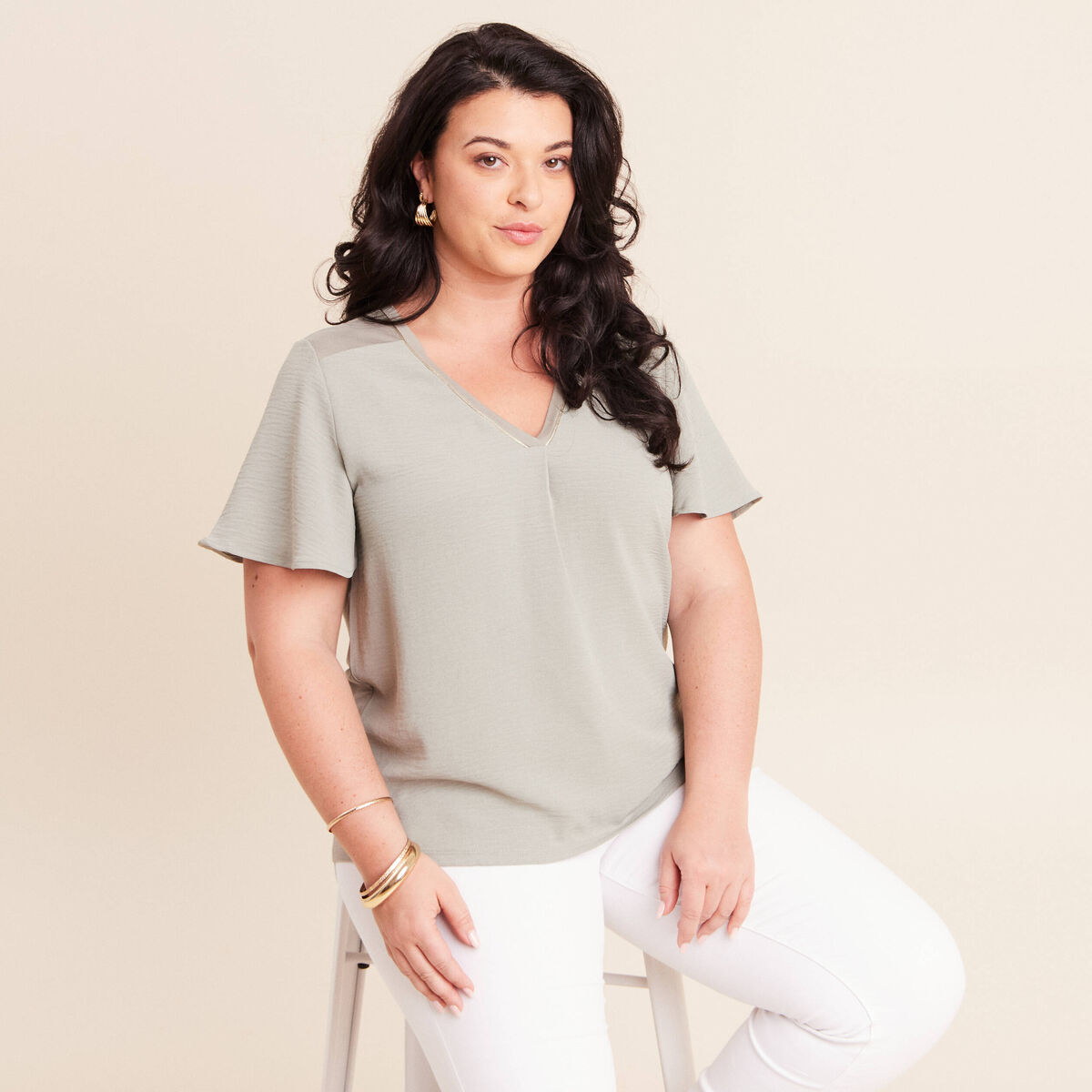 T-shirt bi-mati&egrave;re manches courtes vert clair femme