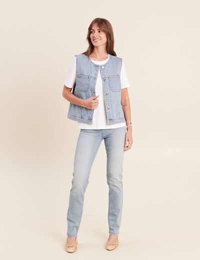 Veste cintr&eacute;e sans manches en jean denim double stone femme