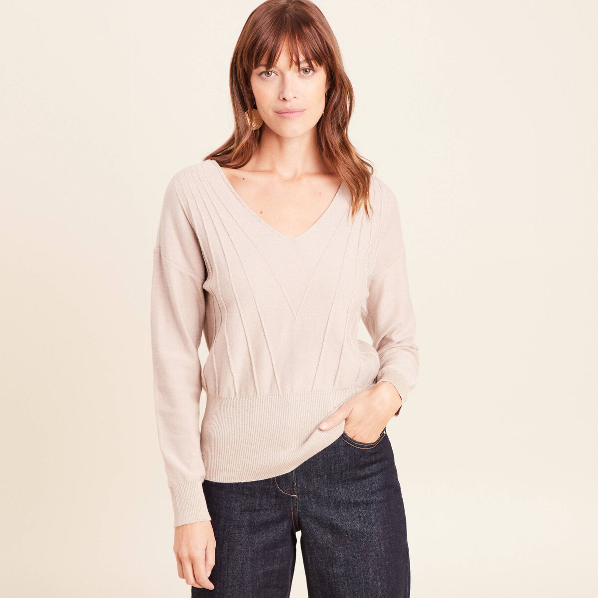 Pull col v manches longues brillant couleur or femme