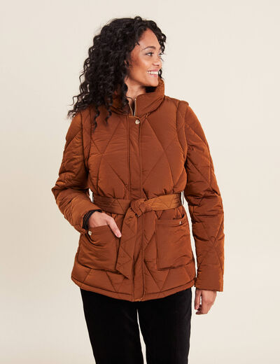 Doudoune déperlante cintrée ceinturée marron femme