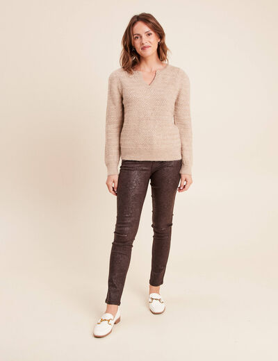 Pantalon coupe ajust&eacute;e enduit marron femme