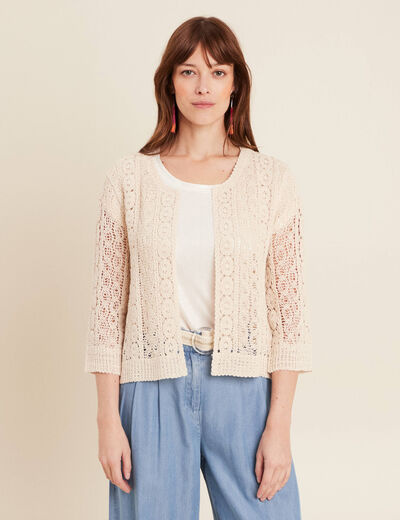 Gilet manches 3/4 ajouré ecru femme
