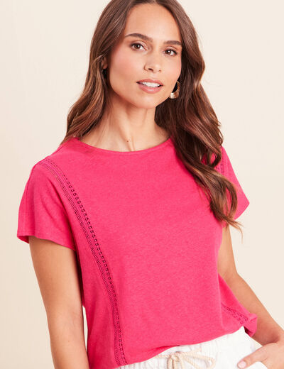 T-shirt col rond macram&eacute; manches courtes rose fushia femme