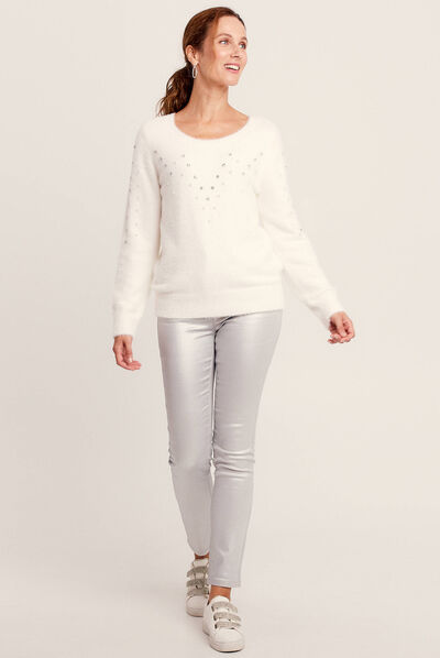Pull manches longues strass ecru femme