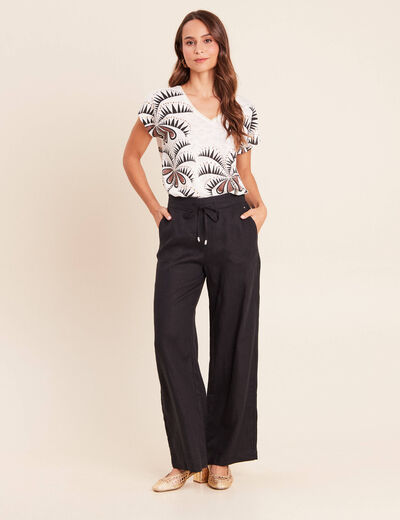 Pantalon large taille haute aspect lin noir femme