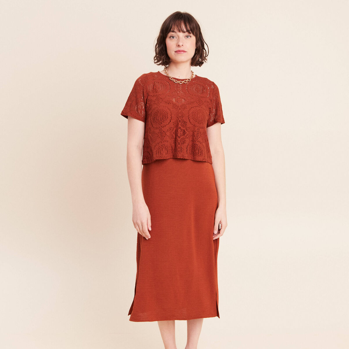 Robe 2 en 1 col rond marron fonc&eacute; femme