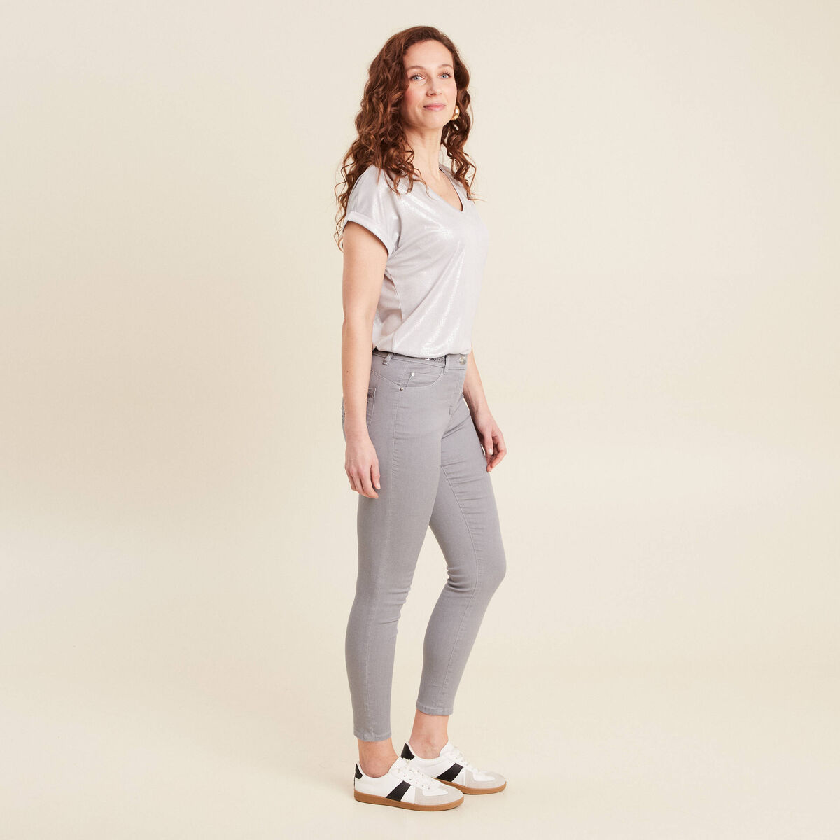 Pantalon ajusté sequins denim gris clair femme