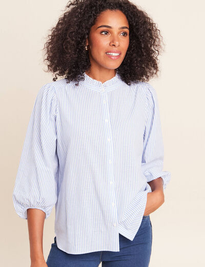 Chemise col montant manches 3/4 bleu femme
