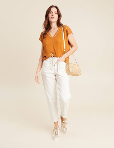 Pantalon coupe droite à coulisse blanc femme
