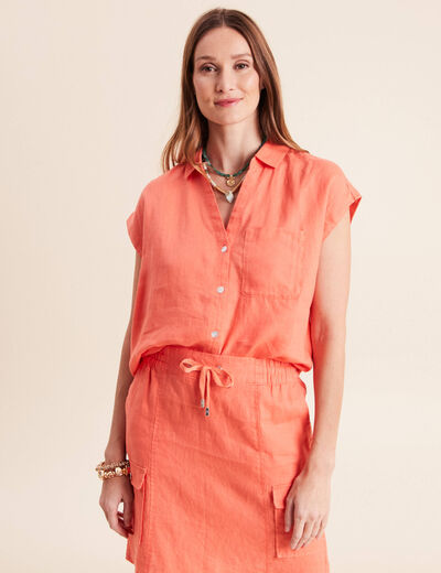 Chemise ample manches courtes aspect lin orange fluo femme