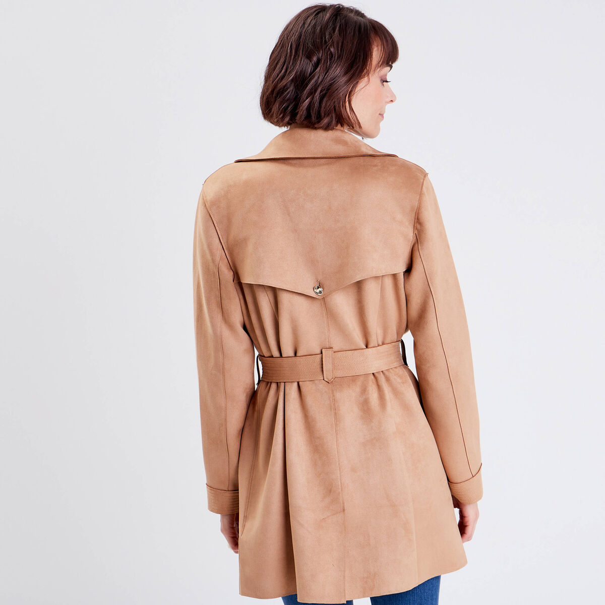 Trench droit effet suédine marron femme