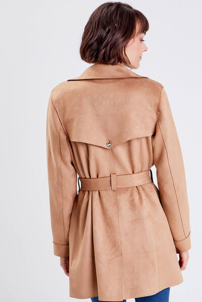 Trench droit effet suédine marron femme