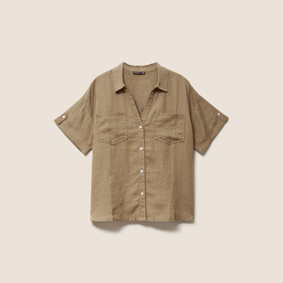 Chemise ample manches courtes aspect lin vert kaki femme